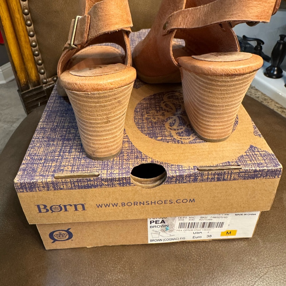 Born Tan Leather Peep-Toe Sandals - Picture 7 of 8